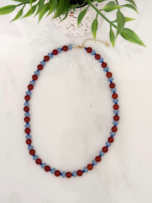 Blue and Maroon Round Beaded Necklace