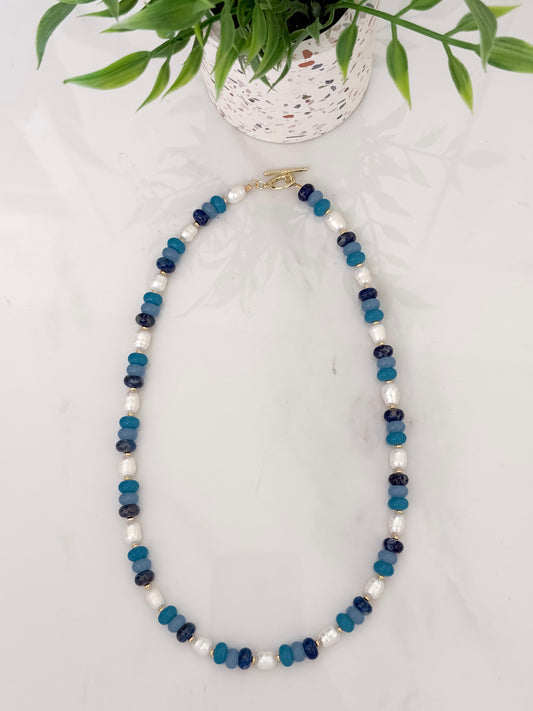 Blues and Pearl Beaded Necklace