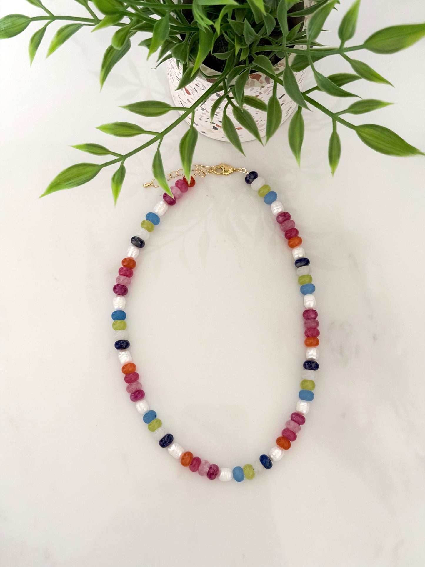 Pinks, Blues, and Pearl Beaded Necklace