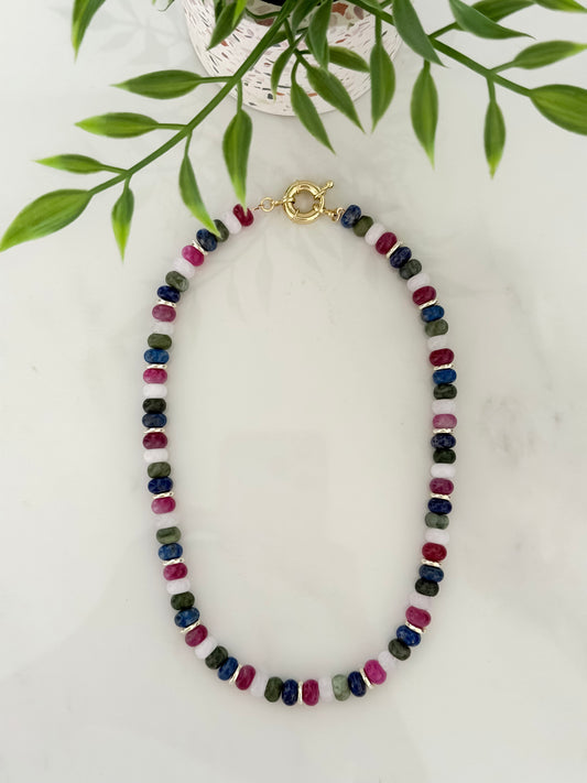 Navy, Green, and Red Beaded Necklace